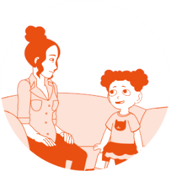 Illustration of a parent sitting on a sofa with their daughter 